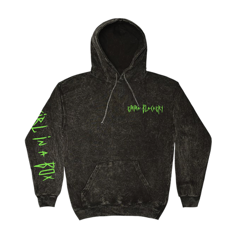 GIRL IN A BOX GREEN TEXT WASH BLACK HOODY