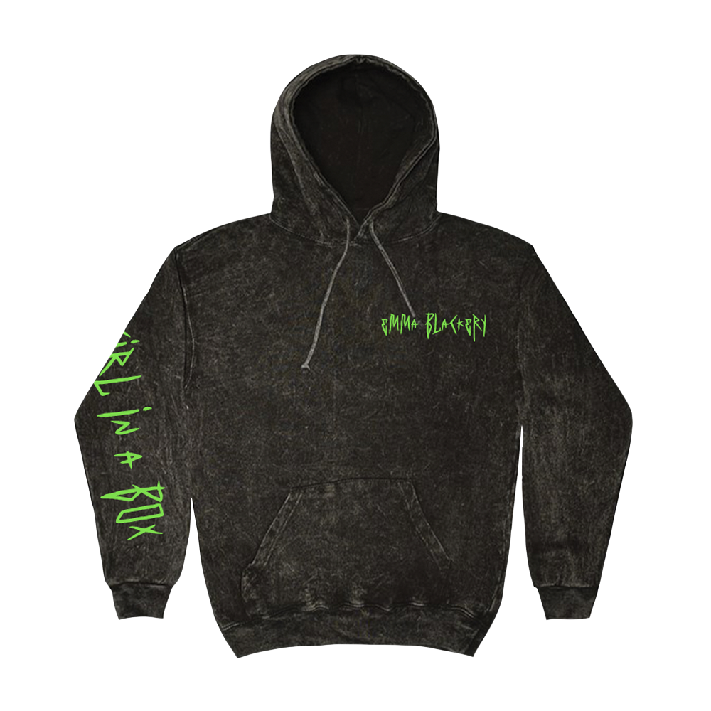 GIRL IN A BOX GREEN TEXT WASH BLACK HOODY